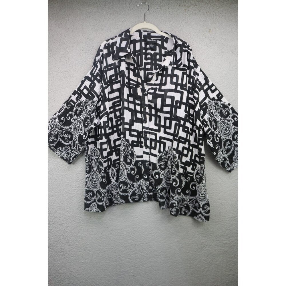 Maggie Barnes Wide 1/2 Sleeve Button Up Semi Sheer Top-3X-Oversized-Office